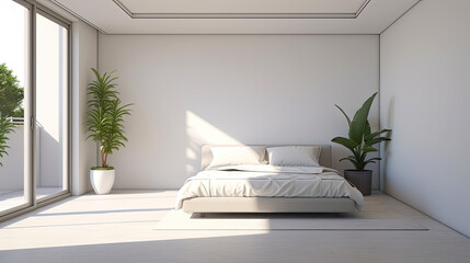 Bright bedroom in a minimalist Mediterranean style. Immerse yourself in the Mediterranean charm of this minimalist bedroom. A stylish retreat for relaxation and rejuvenation.