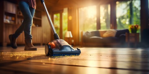 Person using vacuum cleaner to tidy up home and eliminate dust. Concept Household Cleaning, Vacuuming Tips, Dust Removal, Home Organization, Tidying Up