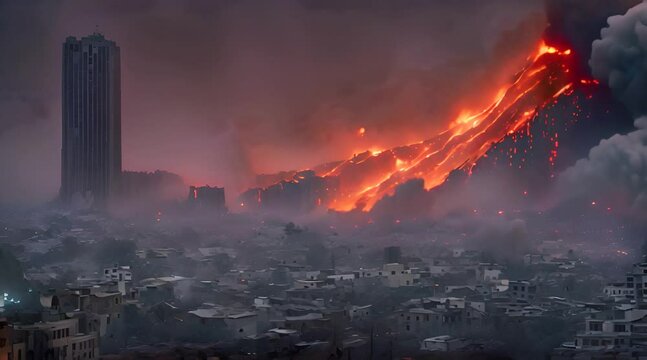 Volcanic eruption catastrophe. Lava flow and magma destroys a city