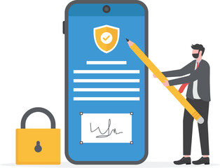 Businessman signing contract with digital pen on phone. Digital signature, business contract, electronic contract, e-signature concept. Vector illustration in flat design for web banner, mobile app

