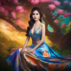 Picture of a beautiful Thai woman with flowers, butterflies and fruits as the background.  (19)