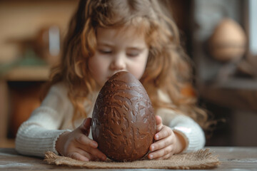 Ein Mädchen öffnet ein großes Osterschokoladenei  - obrazy, fototapety, plakaty