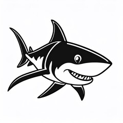 Monochrome logo emblem, predatory shark on a white background.