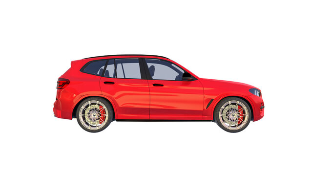 side view of red car isolated on white, BMW X3 png transparent background 3d rendering