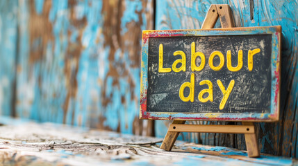 Labour Day Celebration. Chalkboard with Yellow Text on Rustic Blue Wooden Background.