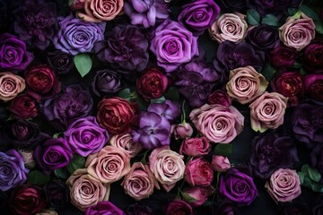 Colorful flower backdrop with purple and violet roses