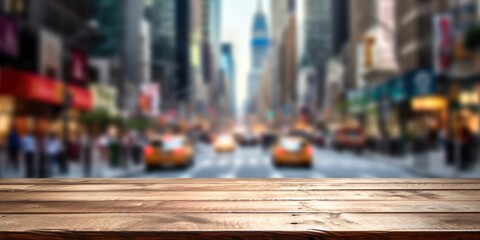 Fototapeta na wymiar The empty wooden table top with blur background of NYC street. Exuberant image. generative AI