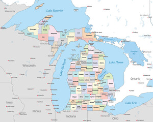 Map showing the various counties that make up the state of Michigan, located in the United States