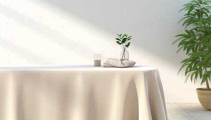 Soft beige cotton table cloth on counter table trop