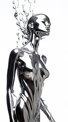 Obraz na płótnie Canvas Cascading liquid metal engulfing a futuristic abstract fashion model silhouette, futuristic texture, isolated on a white background