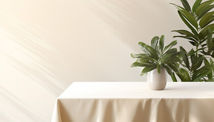 Soft beige cotton table cloth on counter table trop