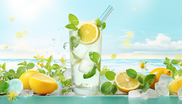 Soda water with lemon slices or citrus fruit