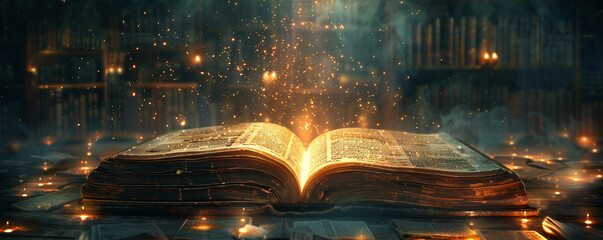 A book floating in an ethereal library pages filled with ancient knowledge and future predictions, fantasy and magic