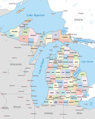 Map showing the various counties that make up the state of Michigan, located in the United States - obrazy, fototapety, plakaty
