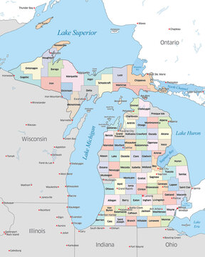 Map showing the various counties that make up the state of Michigan, located in the United States