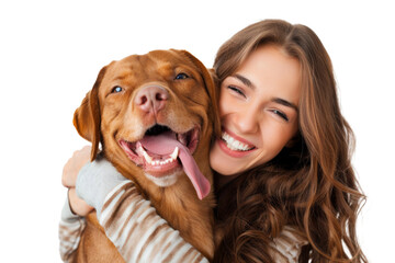 Obraz na płótnie Canvas Portrait of beautiful women hugging cute dog with smile and hppiness isolated on background, lovely moment of pet and owner.