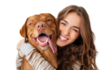 Portrait of beautiful women hugging cute dog with smile and hppiness isolated on background, lovely moment of pet and owner.
