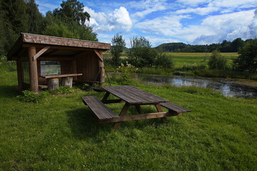 Rest place on hiking track at Egge Museum in Steinkjer in Norway, Europe
