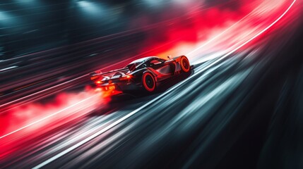 Sport car racing on the road with motion blur. Concept of fast driving. Race car driver leaning into a turn, surrounded by the blur of speed, tire smoke, and vibrant track lights.  - obrazy, fototapety, plakaty