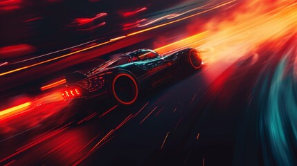 Sport car racing on the road with motion blur. Concept of fast driving. Race car driver leaning into a turn, surrounded by the blur of speed, tire smoke, and vibrant track lights. 