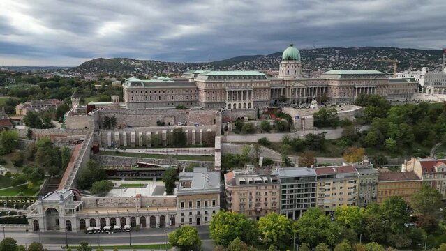 Aerial and drone view of the Sz&eacute;chenyi Chain Bridge, Danube river and Buda Castle, Budapest, Hungary
