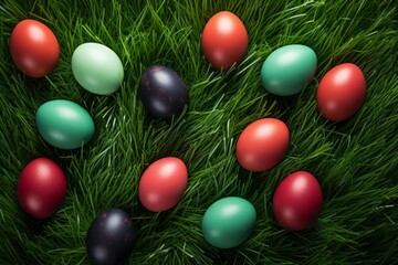 Obraz premium painted Easter eggs are lying on the grass, top view. Easter concept.
