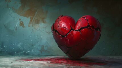 Shattered red heart on a dark background representing heartbreak and emotional pain. Conceptual art of a broken heart bleeding, symbolizing loss and sorrow. - obrazy, fototapety, plakaty