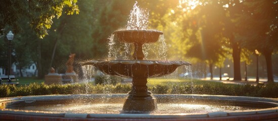 Majestic fountain with sparkling water spraying out under the sunlight in a serene garden - obrazy, fototapety, plakaty