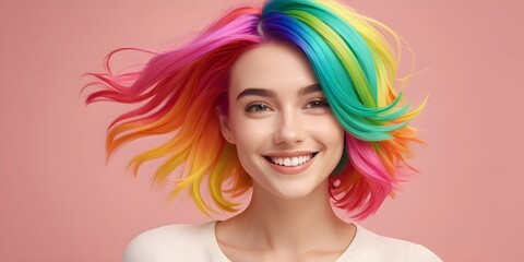 A woman wearing a purple wig with rainbow hair is smiling, looking directly at the camera, showing her chin, eyebrow, eye, and eyelash - obrazy, fototapety, plakaty
