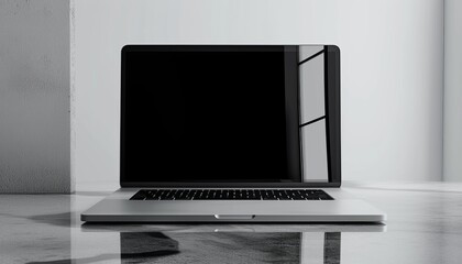 Sleek modern laptop in a minimalist workspace with a clean monochrome design. Professional and elegant technology setup with a stylish portable device.
