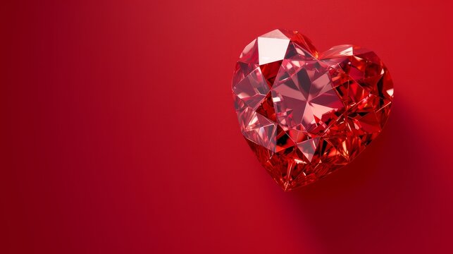 Faceted red crystal heart on a solid red background. Elegant love concept for Valentine's Day design and print. Luxury gemstone photography with copy space.
