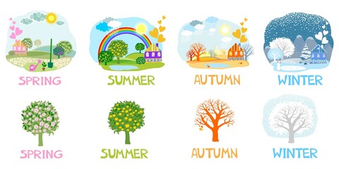 Four Seasons Banners with Trees and houses. Winter, spring, summer, autumn colour nature. Set. Landscape. Сards. Natural landscape at different times of year. Beautiful non-urban scenes. illustration