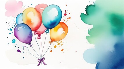 Watercolor white birthday background with balloons, Banner for presentation or congratulations on a holiday or birthday