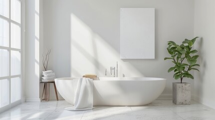 Fototapeta na wymiar MINIMALISTIC MOCKUP OF white canvas sized at an aspect ration of 3:2 landscape orientation, in BRIGHTLY LIT SCENE, even lighting, LIGHT NEUTRAL and modern TONES, modern elegent bathroom with feminie a