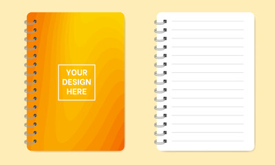 Mockup of a notebook with spiral. Shiny metal binder clip. Mockup of a small book, diary, notepad. Copybook with lined notepaper. White sheets of paper with line pattern. Orange abstract cover design