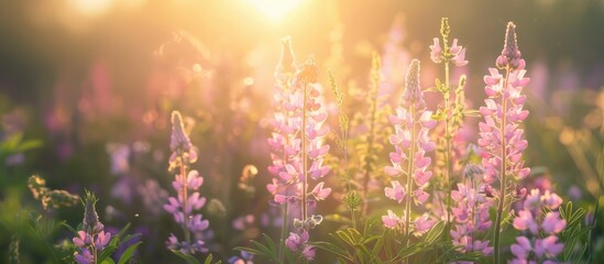Obraz premium banner field with wildflowers, petals illuminated by the sun, blossom, concept spring, summer, natural background