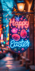 Buntes Neonschild mit der Aufschrift „Frohe Ostern“