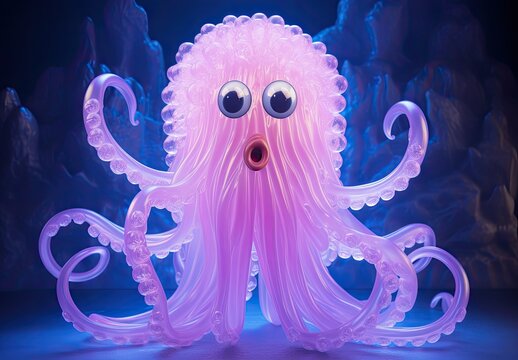Closeup of octopus or jellyfish toy. Plastic figurine made of glass, plastic, other material. Sticky sad monster. Illustration for banner, poster, cover, brochure or presentation.