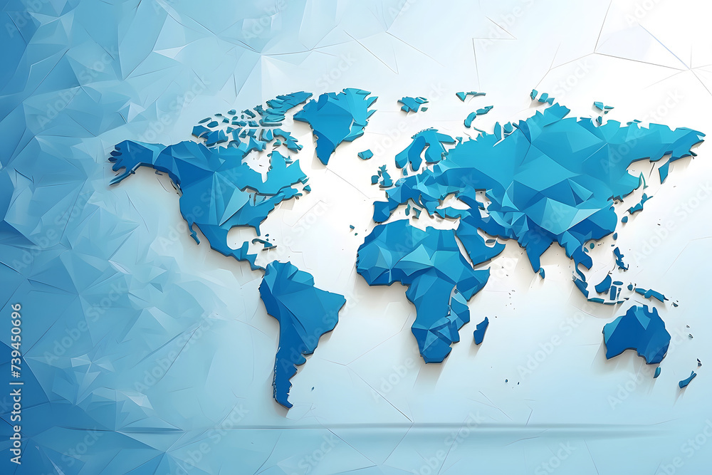 Poster a low poly global map with a bright blue geometric tech background design. banner design in vector d