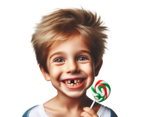 A young boy smiles with decayed teeth, holding a lollipop in his hand. The smile of a child with poor oral and dental health, white background.