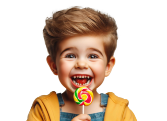 A young boy smiles with decayed teeth, holding a lollipop in his hand. The smile of a child with poor oral and dental health, white background.