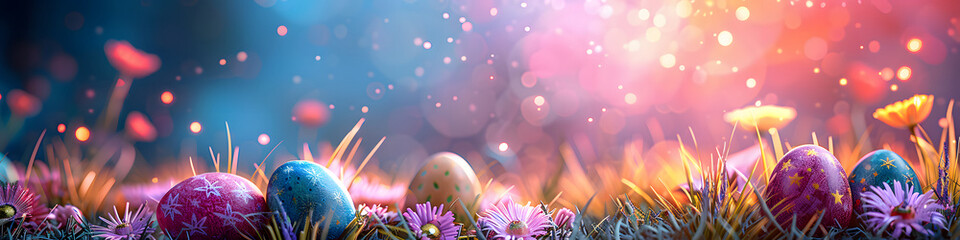 Easter landscape with colorful eggs in the grass and flowers. Mesmerizing display of  beautiful abstract easter eggs header wallpaper. 3d illustration