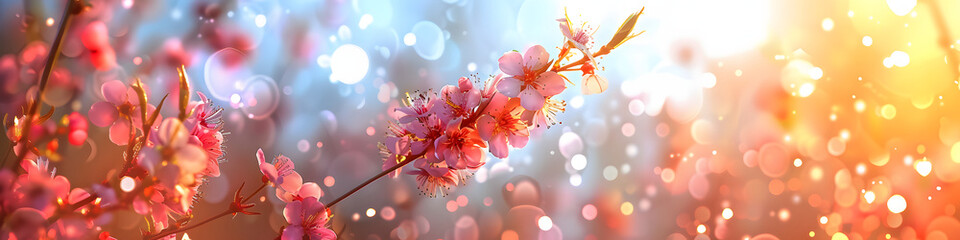 Beautiful blooming sakura flowers on bokeh background, banner. Cherry blossom. Landscape panorama -...