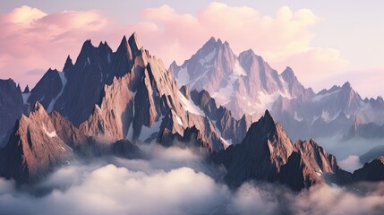Panoramic view of a mountain range with peaks in monochrome. Foggy and overcast. Illustration for cover, card, postcard, interior design, banner, poster, brochure or presentation. - obrazy, fototapety, plakaty