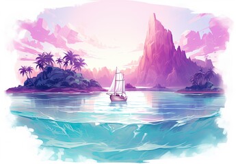 A yacht against a backdrop of mountains and calm sea. Active vacation concept. Sailing vessel. Digital art. Illustration for cover, card, postcard, interior design, poster, brochure or presentation.