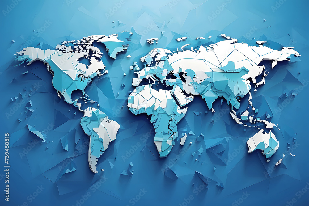 Poster a low poly global map with a bright blue geometric tech background design. banner design in vector d