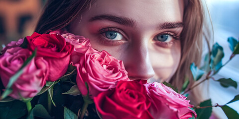 Naklejka premium Portrait of a woman with roses. Valentine's day.
