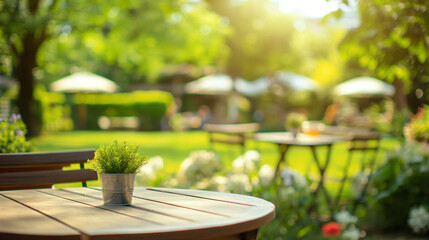 Beautiful outdoor park , cafe table sittings background