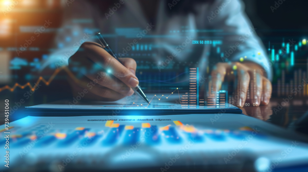 Poster representation of business analytics, featuring a person's hand using a digital pen on a surface tha