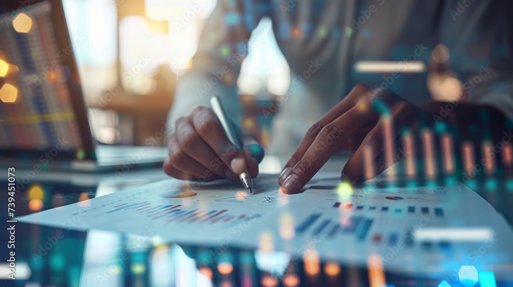 Poster representation of business analytics, featuring a person's hand using a digital pen on a surface tha